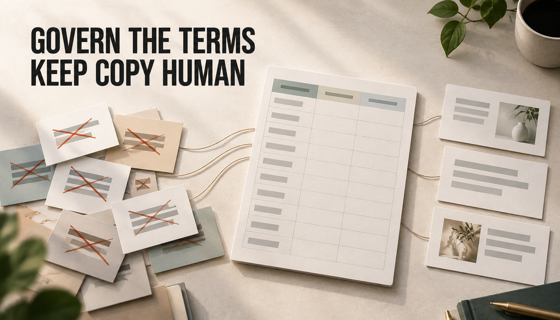 Editorial hero image of scattered store-content cards being organized into a shared vocabulary register, with the headline Govern the Terms, Keep Copy Human.