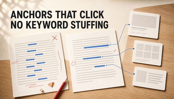 Editorial desk scene showing a Shopify blog draft edited from repeated link highlights into cleaner contextual anchor links, with the headline Anchors That Click No Keyword Stuffi...