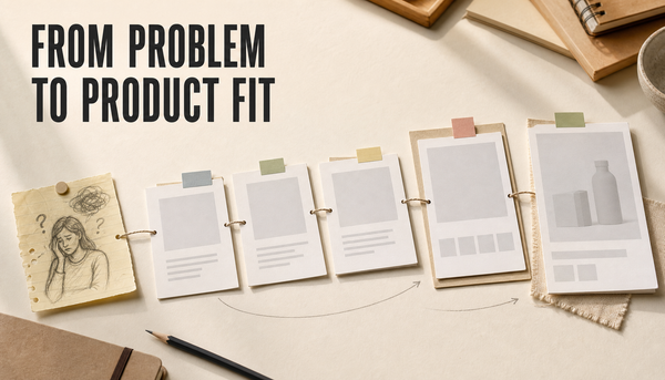 Editorial hero showing a shopper problem note connected through blog article cards to a collection card and product-fit card, with the headline From Problem To Product Fit.