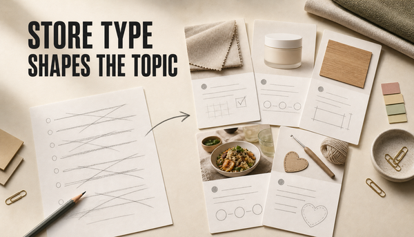 Editorial Shopify blog hero showing a generic idea sheet being sorted into store-type article cards, with the headline “STORE TYPE / SHAPES THE TOPIC.”
