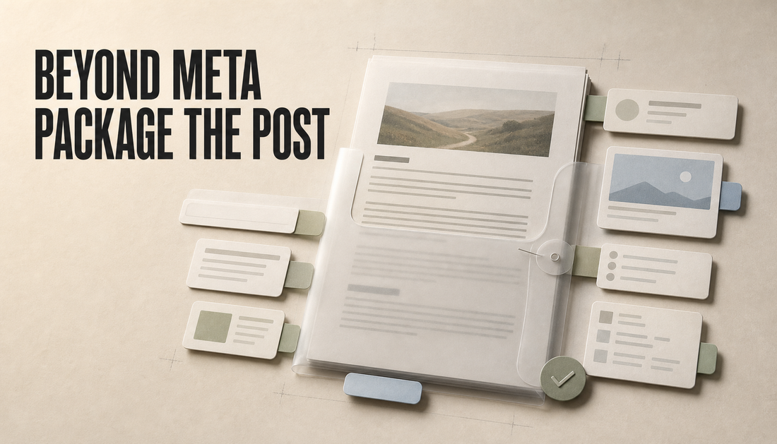 Editorial hero showing a blog article wrapped in a translucent metadata sleeve with blank surrounding field cards, captioned Beyond Meta, Package the Post.