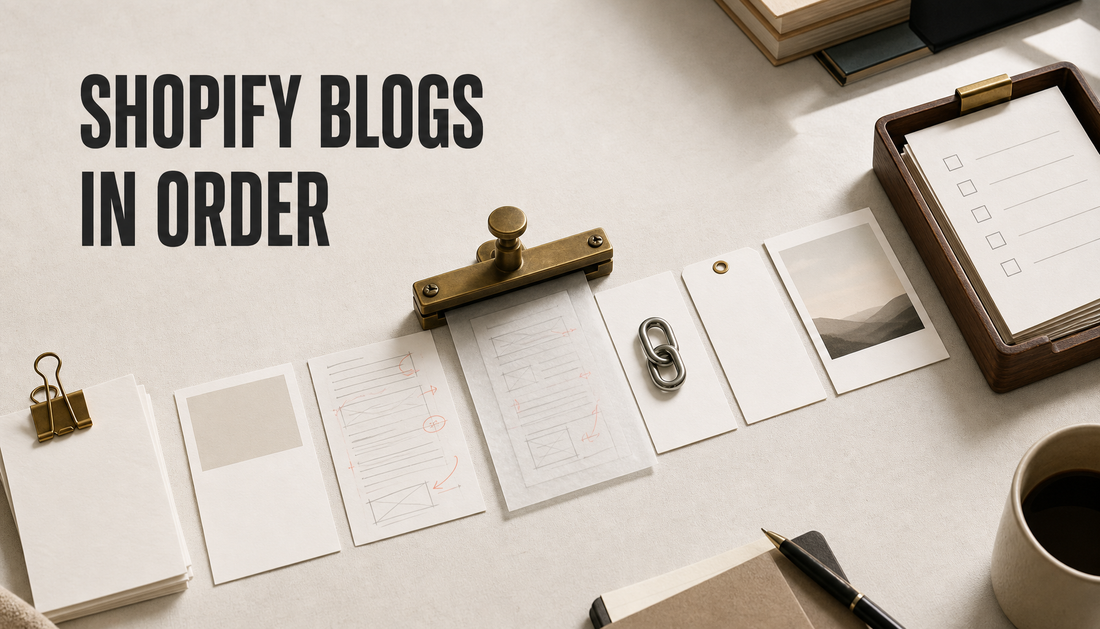 Editorial tabletop hero showing a Shopify blog article production packet moving through an ordered workflow with a locked concept checkpoint before links, metadata, image, and app...