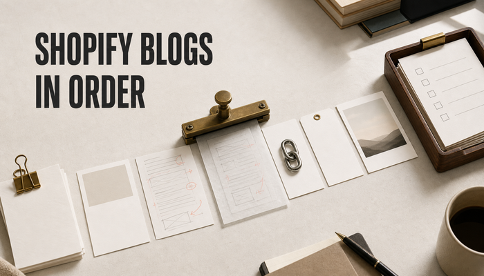 Editorial tabletop hero showing a Shopify blog article production packet moving through an ordered workflow with a locked concept checkpoint before links, metadata, image, and app...
