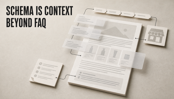 Editorial hero image of a Shopify blog article card with translucent schema context layers above it and a small FAQ card aside, titled Schema Is Context Beyond FAQ.