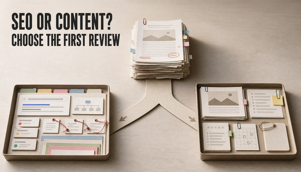 Editorial hero image of Shopify blog post sheets splitting into SEO audit and content audit review trays, with the headline SEO OR CONTENT? CHOOSE THE FIRST REVIEW.