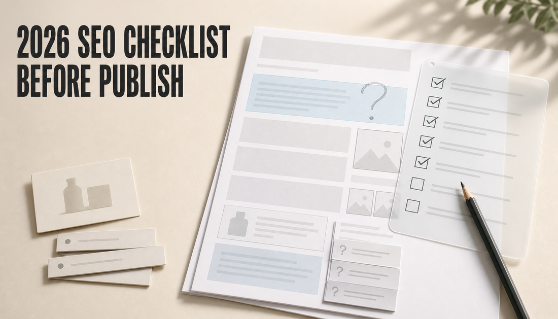 Editorial hero showing a printed Shopify blog draft under a translucent SEO checklist overlay with checkmarks, blank content blocks, link strips, FAQ cards, image placeholders, an...