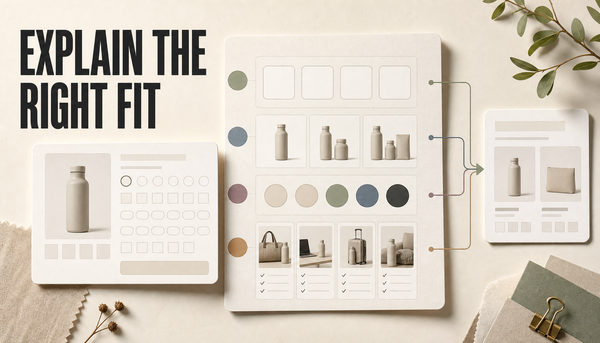 Editorial hero image showing a crowded generic product options card clarified into a clean blog decision guide for variants, bundles, and shopper use cases.