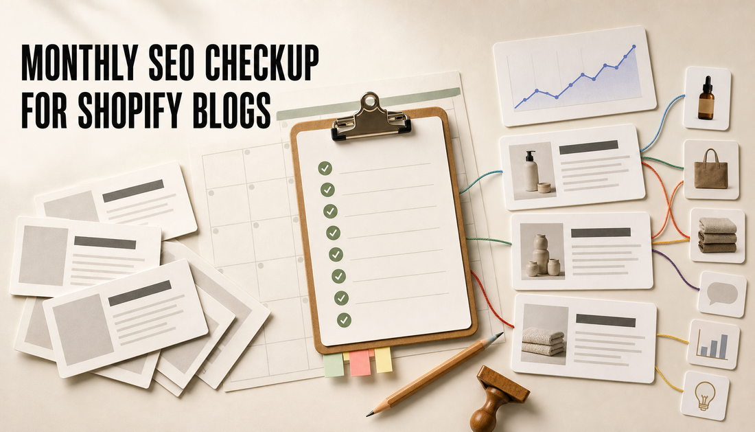 Editorial hero image showing a monthly SEO checklist organizing older Shopify blog post cards into a connected refreshed batch, with the headline Monthly SEO Checkup for Shopify B...