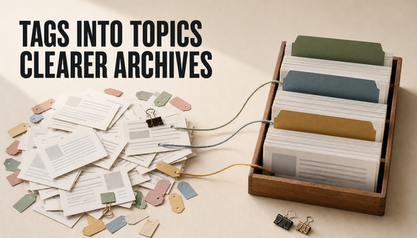 Editorial hero showing messy blog cards and tag slips being organized into clean topic groups and archive paths, with the headline Tags Into Topics, Clearer Archives.