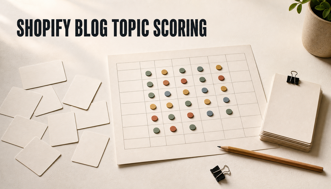 Editorial desk scene showing loose blog idea cards being organized through a blank scoring worksheet into a neat priority stack, with the headline Shopify Blog Topic Scoring.