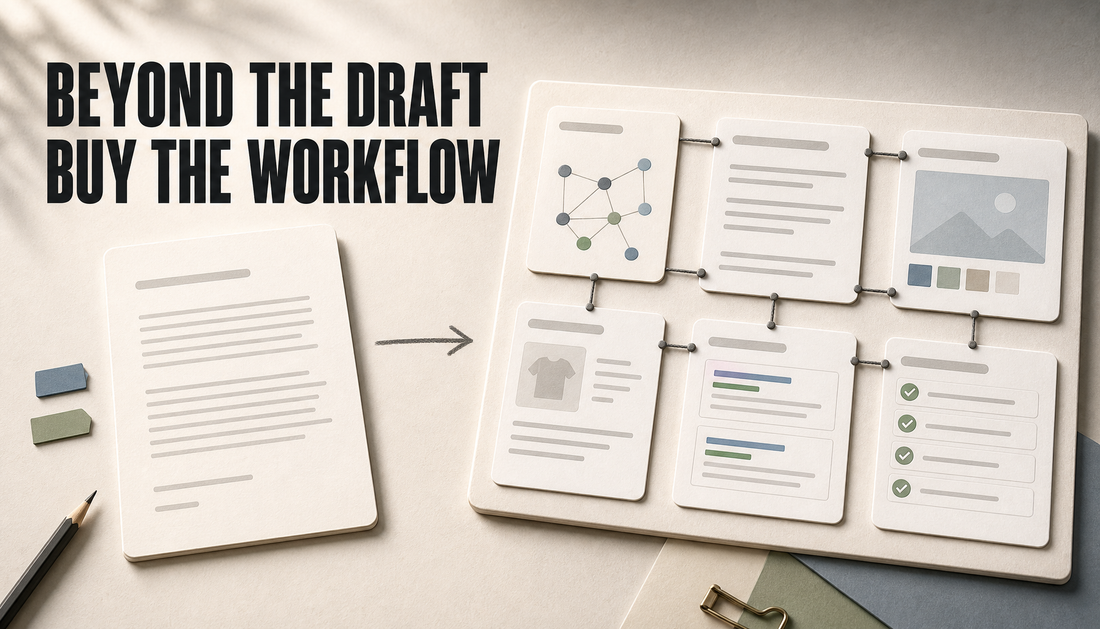 Editorial hero showing a plain blog draft card leading into a complete Shopify publishing workflow board, with the headline Beyond the Draft, Buy the Workflow.