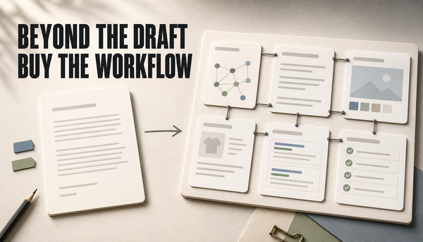 Editorial hero showing a plain blog draft card leading into a complete Shopify publishing workflow board, with the headline Beyond the Draft, Buy the Workflow.