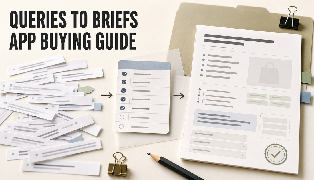 Editorial hero image showing raw search query strips turning into a structured Shopify blog brief and app buying checklist, with the headline Queries to Briefs App Buying Guide.