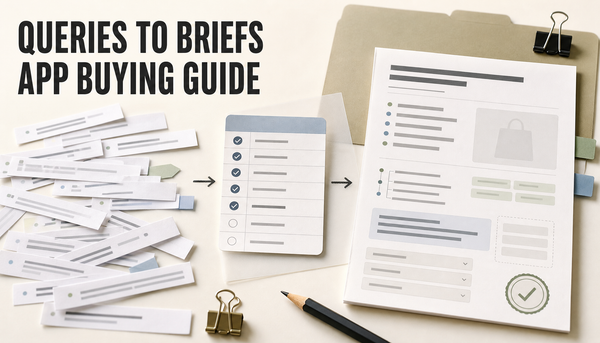 Editorial hero image showing raw search query strips turning into a structured Shopify blog brief and app buying checklist, with the headline Queries to Briefs App Buying Guide.