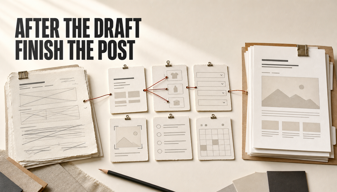 Editorial hero image showing a rough blog draft moving through metadata, links, FAQ, image brief, review, and publishing cards into a finished article packet, with the headline Af...