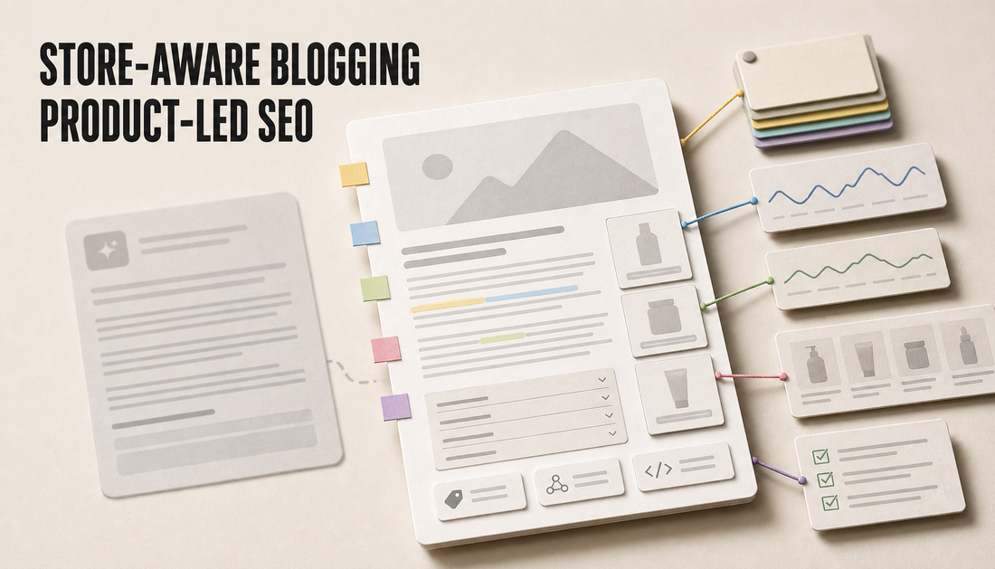 Editorial hero showing store context cards connected to a blog draft, contrasting store-aware blogging with a generic AI writer for product-led SEO.