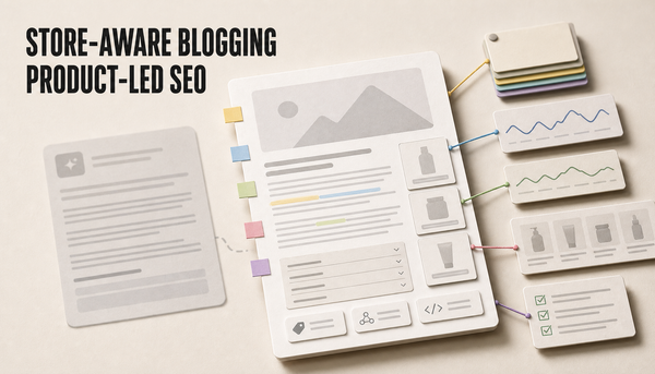 Editorial hero showing store context cards connected to a blog draft, contrasting store-aware blogging with a generic AI writer for product-led SEO.