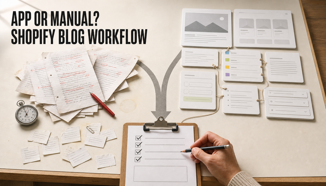 Editorial hero image comparing a scattered manual Shopify blogging workflow with an organized app-assisted workflow, both ending in a human review clipboard.