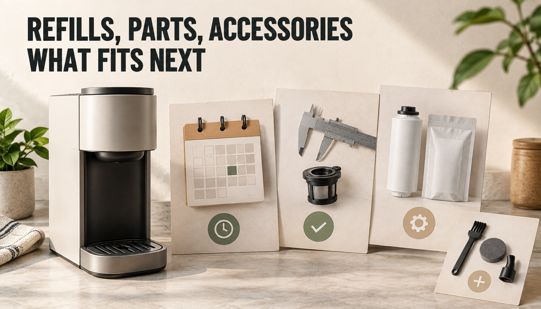 Editorial hero showing a generic product card connected to refill timing, replacement compatibility, and accessory decision cards under the headline Refills, Parts, Accessories, W...