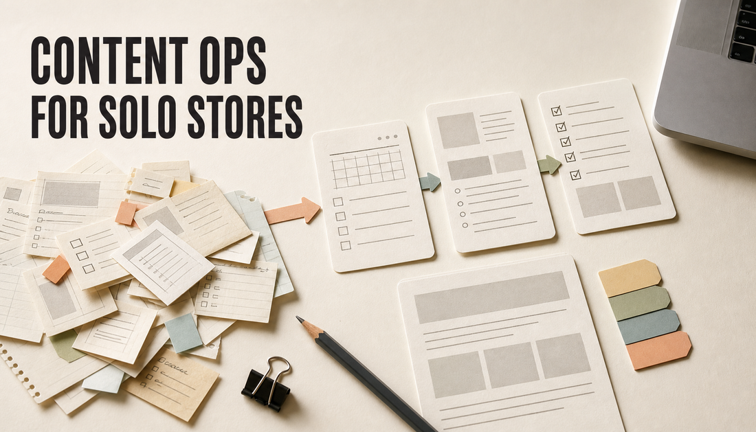 Editorial hero image showing scattered content notes being organized into a clean publishing workflow, with the headline CONTENT OPS FOR SOLO STORES.