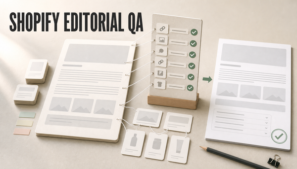 Editorial QA workflow scene showing an AI-assisted article draft passing through a checklist gate before becoming a publish-ready Shopify blog post.