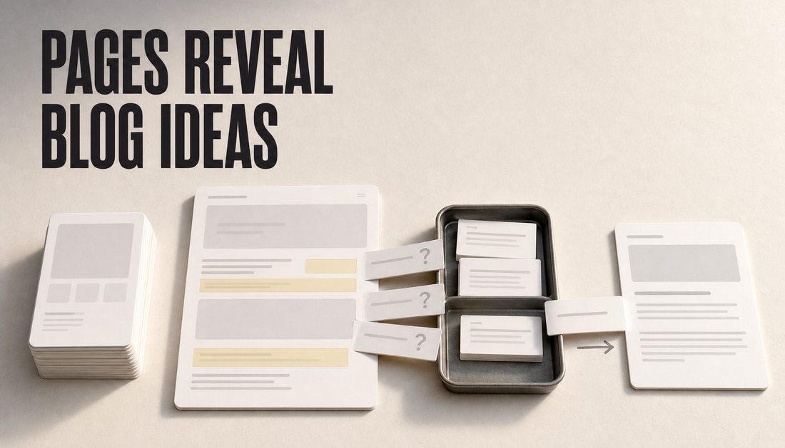 Editorial planning scene where a useful Shopify page produces question slips, passes through a coverage check, and becomes one selected blog idea, with the headline Pages Reveal B...