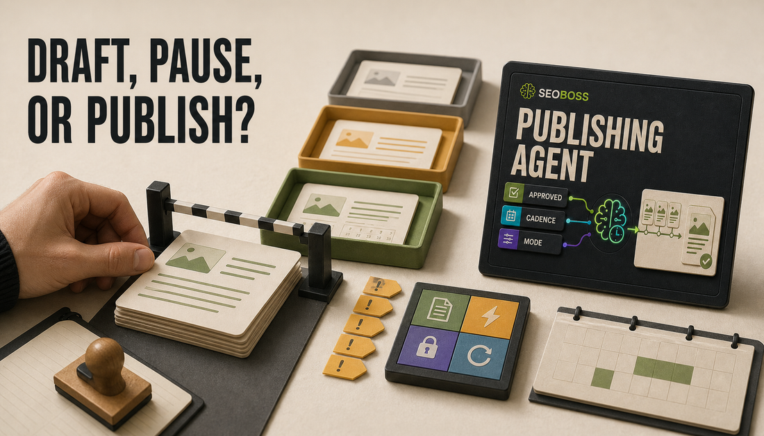Editorial hero showing a Shopify AI publishing article card stopped at an approval gate with risk markers, scheduled publishing cues, and a SEOBoss product reference, headed “Draf...