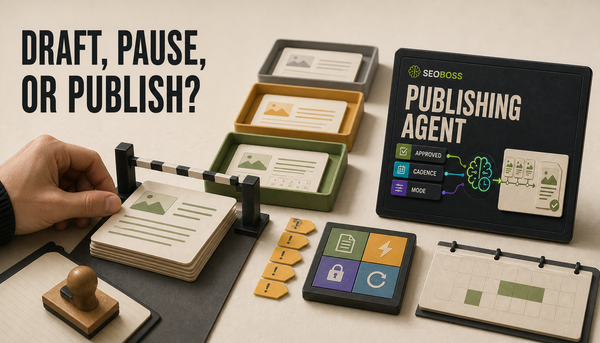 Editorial hero showing a Shopify AI publishing article card stopped at an approval gate with risk markers, scheduled publishing cues, and a SEOBoss product reference, headed “Draf...
