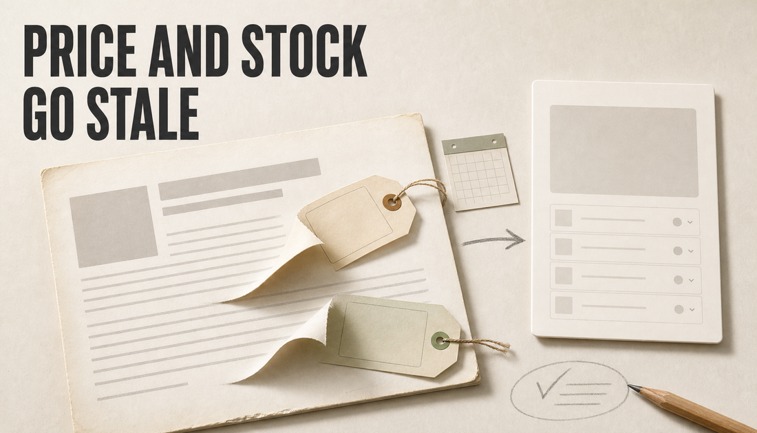 Editorial hero showing an evergreen blog article card with peeling price and stock claim tags beside a cleaner product-page source-of-truth card, with the headline Price and Stock...