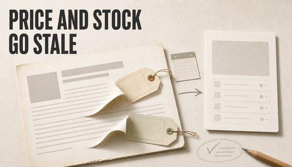 Editorial hero showing an evergreen blog article card with peeling price and stock claim tags beside a cleaner product-page source-of-truth card, with the headline Price and Stock...