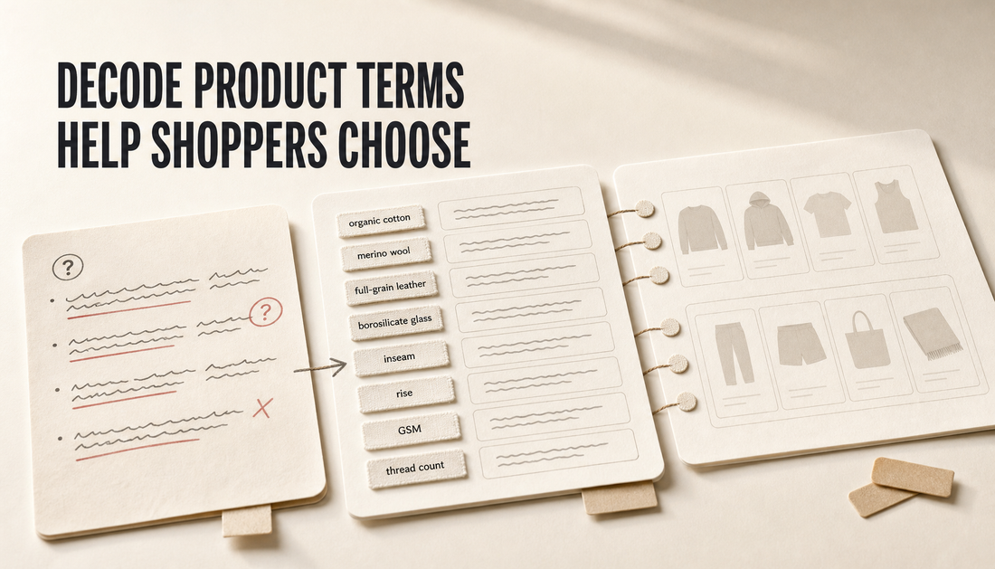Editorial hero showing confusing product terms decoded into a glossary card and connected to shopper decision cards, with the headline Decode Product Terms, Help Shoppers Choose.