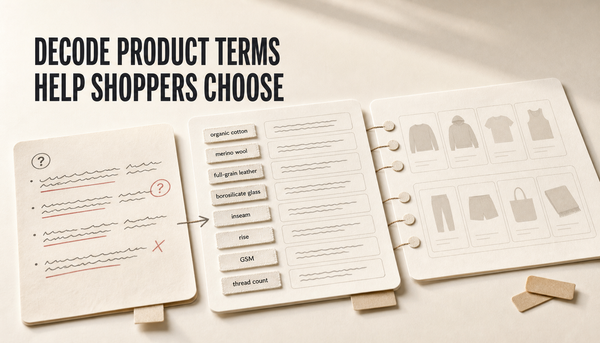Editorial hero showing confusing product terms decoded into a glossary card and connected to shopper decision cards, with the headline Decode Product Terms, Help Shoppers Choose.