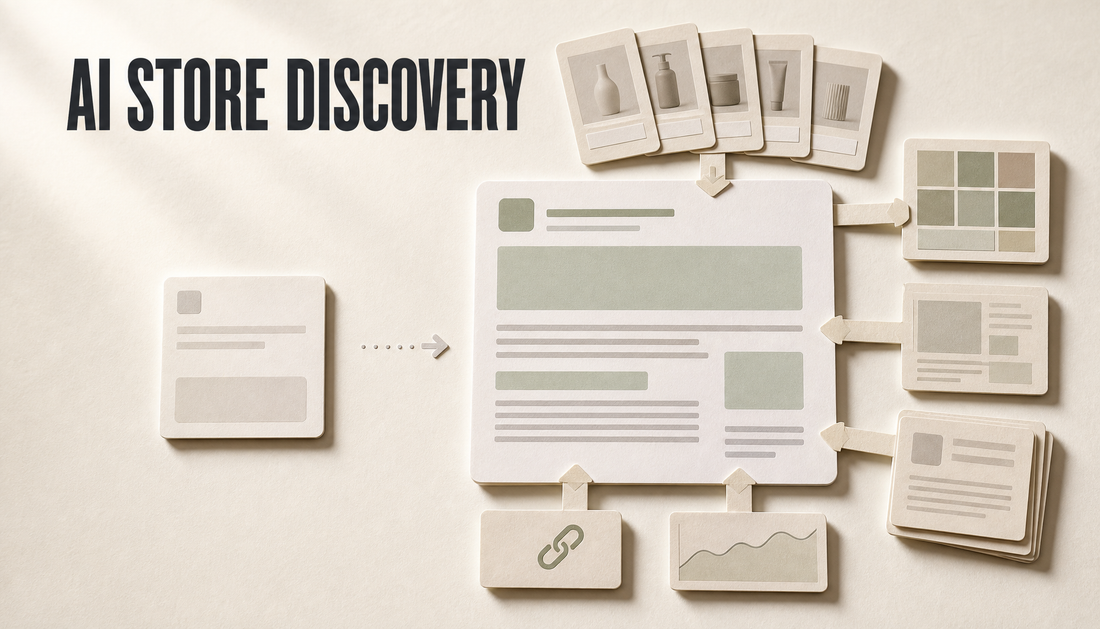 Editorial hero image showing a generic AI prompt card contrasted with a store-aware draft card built from product, page, blog, link, and search signal context, with the headline A...