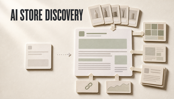 Editorial hero image showing a generic AI prompt card contrasted with a store-aware draft card built from product, page, blog, link, and search signal context, with the headline A...