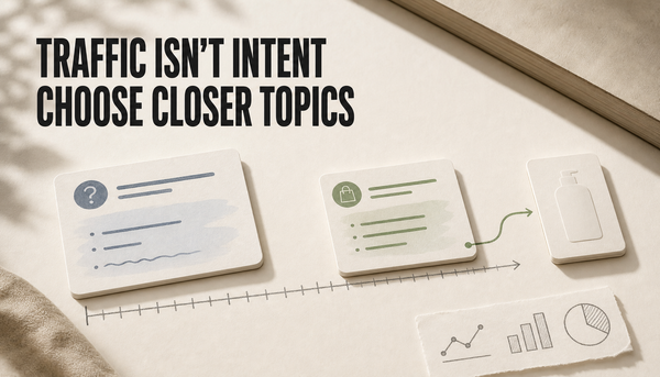 Editorial hero image showing two blog traffic cards on a product proximity scale, contrasting broad informational interest with shopping intent near a blank product tile.