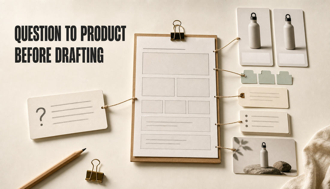 Editorial hero image showing a shopper question being organized into a commerce-aware Shopify blog brief that connects to product cards, internal links, metadata, FAQ planning, an...
