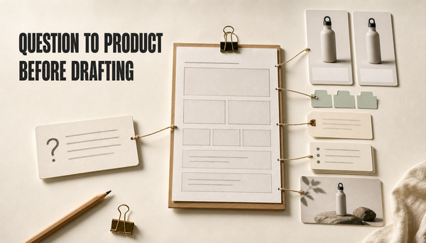 Editorial hero image showing a shopper question being organized into a commerce-aware Shopify blog brief that connects to product cards, internal links, metadata, FAQ planning, an...