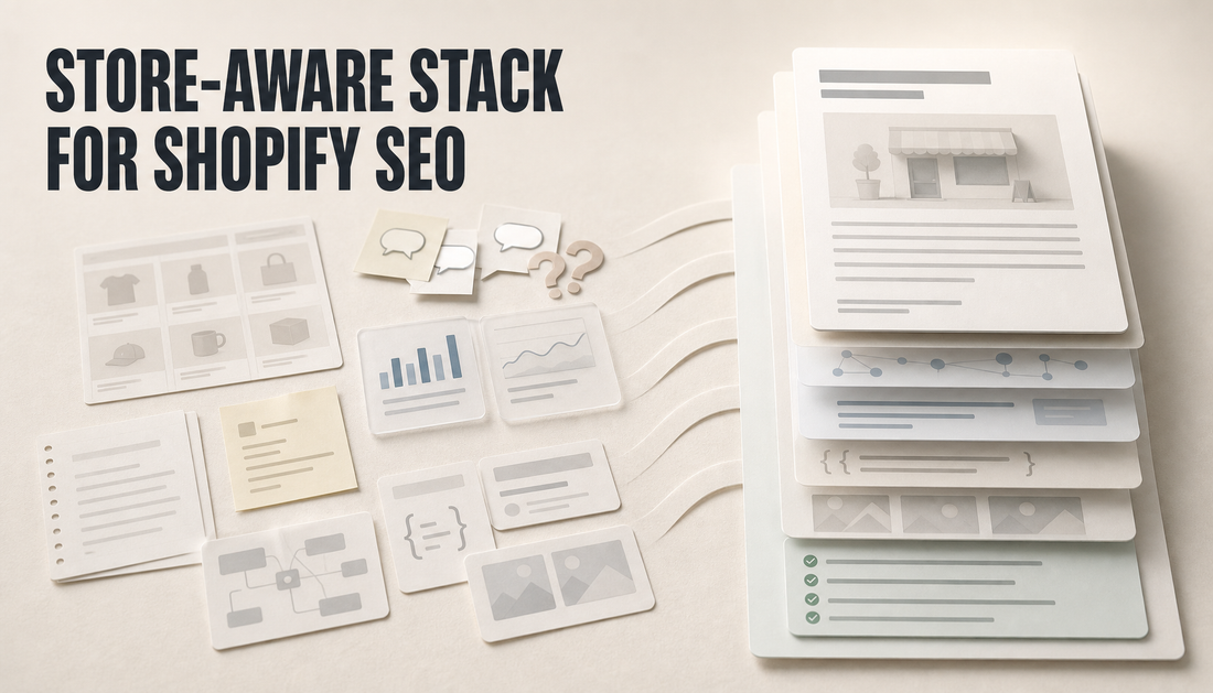 Editorial hero image showing scattered Shopify SEO content inputs organized into a clean layered store-aware content stack, with the headline Store-Aware Stack for Shopify SEO.