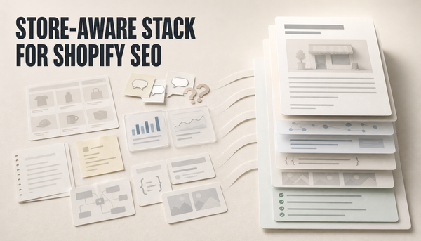 Editorial hero image showing scattered Shopify SEO content inputs organized into a clean layered store-aware content stack, with the headline Store-Aware Stack for Shopify SEO.