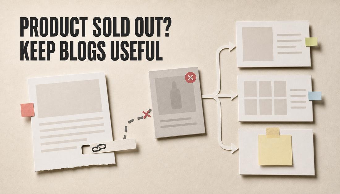 Editorial paper-card hero showing a blog post link redirected from a sold-out product card to useful alternatives, collection, and waitlist next steps.