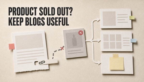 Editorial paper-card hero showing a blog post link redirected from a sold-out product card to useful alternatives, collection, and waitlist next steps.