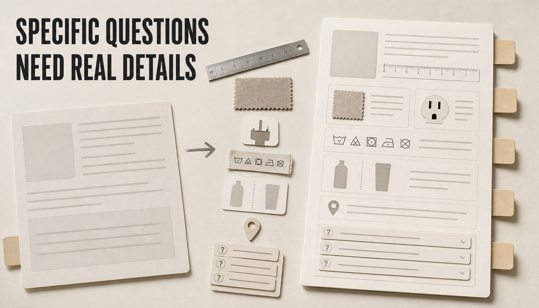 Editorial hero showing a vague blog article card transformed into a structured shopping answer card with measurement, material, care, compatibility, comparison, availability, and...