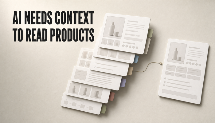 Editorial hero image showing blank product and context cards layered together into a clear AI understanding card, with the headline AI NEEDS CONTEXT TO READ PRODUCTS.