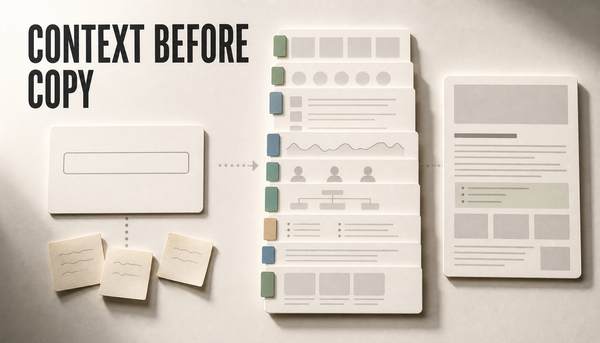 Editorial hero showing a vague AI prompt card beside layered Shopify store context cards that combine into a focused blog brief, with the headline Context Before Copy.