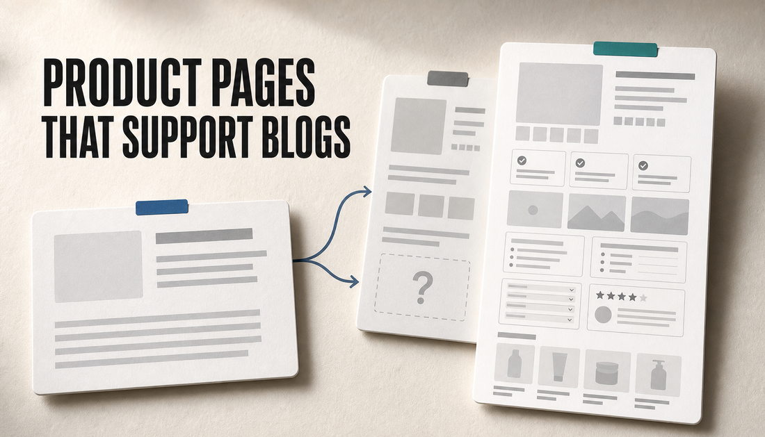 Editorial hero showing a blog card leading to a thin product page and a more complete structured product page, with the headline Product Pages That Support Blogs.