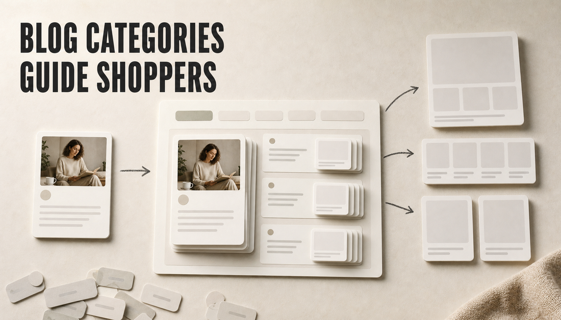 Editorial hero showing one blog article becoming an organized category hub that guides shoppers toward related posts and blank collection cards.