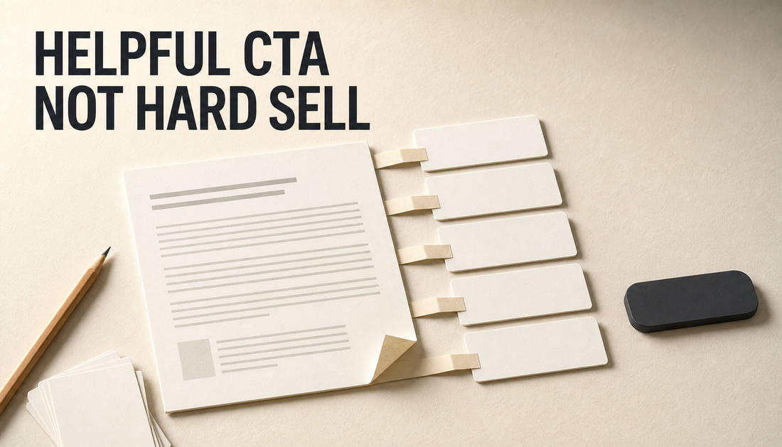 Editorial paper layout showing a blog article ending with an isolated generic button and a clearer path of helpful next-step CTA cards, headed Helpful CTA Not Hard Sell.