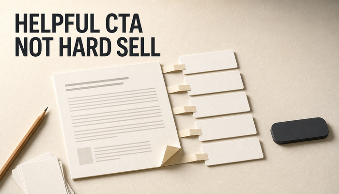 Editorial paper layout showing a blog article ending with an isolated generic button and a clearer path of helpful next-step CTA cards, headed Helpful CTA Not Hard Sell.