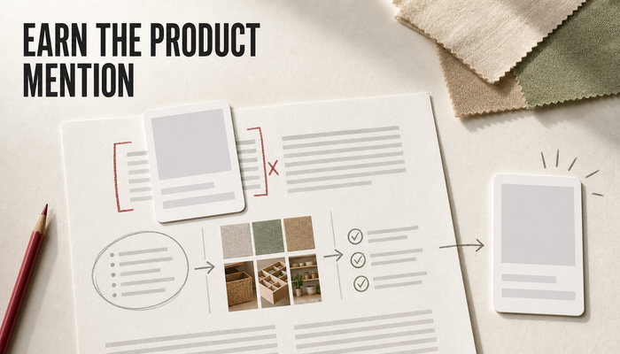 Editorial desk scene showing a Shopify blog draft where a product card appears too early, while another blank product card follows after problem framing and comparison context, wi...