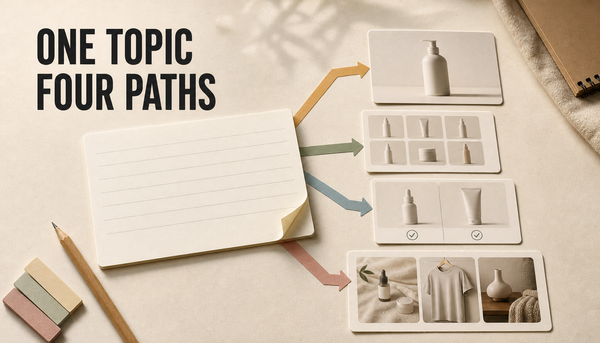 Editorial hero image showing one blog topic card branching into four ecommerce destination cards: product, collection, comparison, and use-case paths.